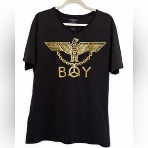 Boy London Men’s Graphic V-Neck T-Shirt Black & Gold Eagle Peace Sign Size Large
